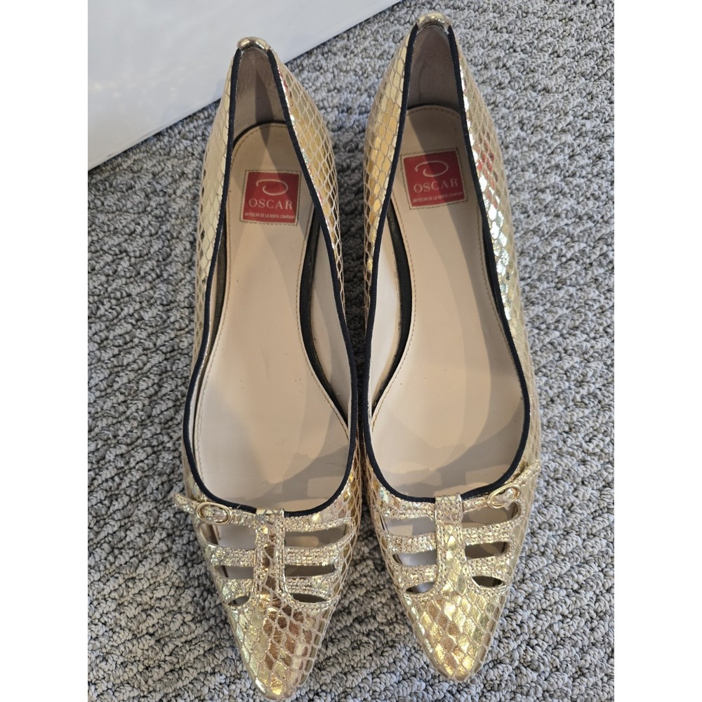 Oscar De La Renta Gold Snake Embossed Leather Flats 8 Womens Wedding Formal Gold